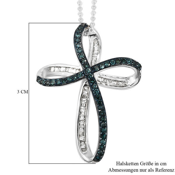 Blauer und weißer Diamant Kreuz-Anhänger mit Kette in Silber image number 6