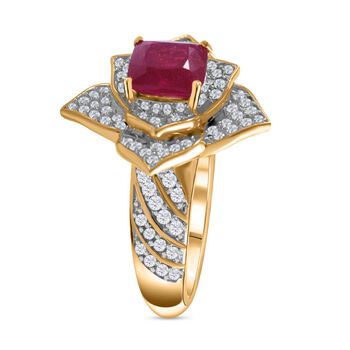 AA Afrikanischer Rubin (Fissure gef&uuml;llt), Wei&szlig;er Zirkon Ring, 925 Silber Gelbgold Vermeil (Gr&ouml;&szlig;e 18.00) ca. 3.96 ct