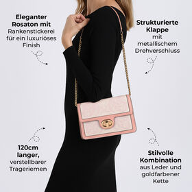 Grand Pelle Umh&auml;ngetasche aus echtem Leder, Stickerei, Klappverschluss, Kettenriemen, 23x8x16 cm, Rosa