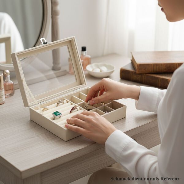 Elegante Schmuckbox aus edlem Samt mit Glasdeckel, 20x15x5cm, Cremebeige image number 2