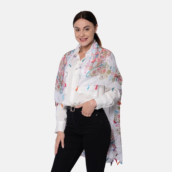 Bedruckter Schal mit Quasten, 100x95 cm, Weiß image number 2