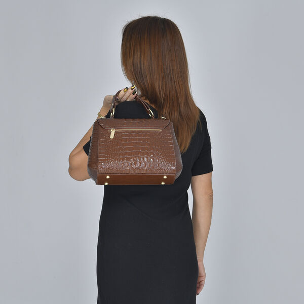 Luxus Crossbody Tasche mit Kroko-Pr&auml;gung aus echtem Leder, Braun image number 3