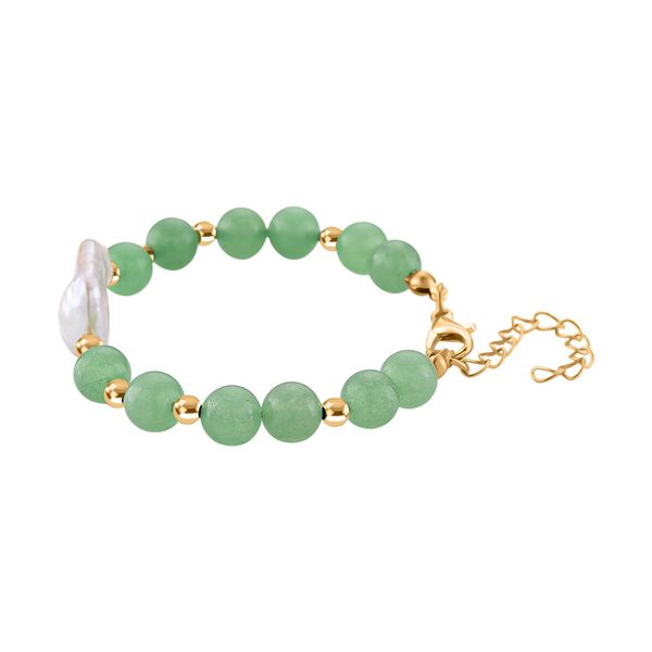 Gr&uuml;ner Aventurin, Wei&szlig;e Keshi Perle Armband, ca. 18cm mit 5cm extender, Reine Legierung goldfarben image number 3