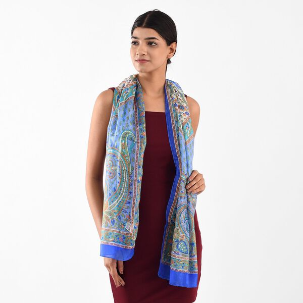 100% satin-Seidenschal, bedruckt mit Kartenmuster, 50x160cm, Blau image number 3