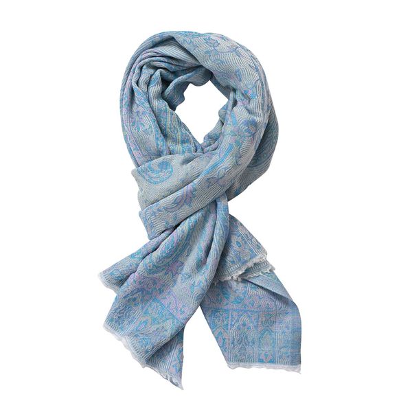 "Merino jacquard wool scarf Wool - 82%, silk - 18% Size -70x200 cm Color - Light blue" image number 4