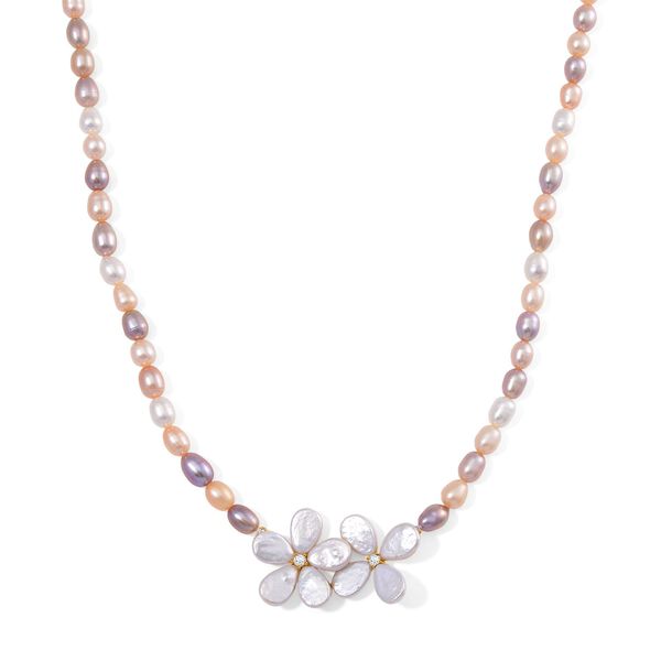 Keshi Perle (12x9 mm), Mehrfarbige S&uuml;&szlig;wasser Perle (7-8mm) Halskette ca. 50 cm 925 Silber vergoldet