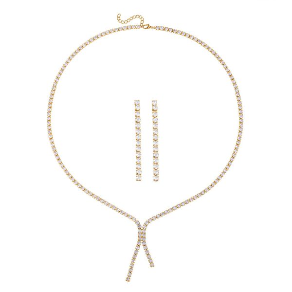 2er Set - Wei&szlig;er Zirkonia Ohrringe und Halskette Schmuckset, Reines Messing, ca. 2.05 ct