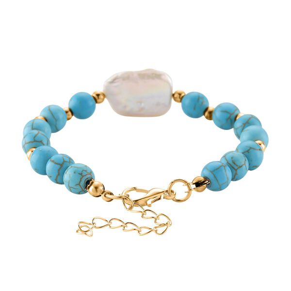 Blauer Howlit, Wei&szlig;e Keshi Perle Armband, ca. 18cm mit 5cm extender, Reine Legierung goldfarben image number 4