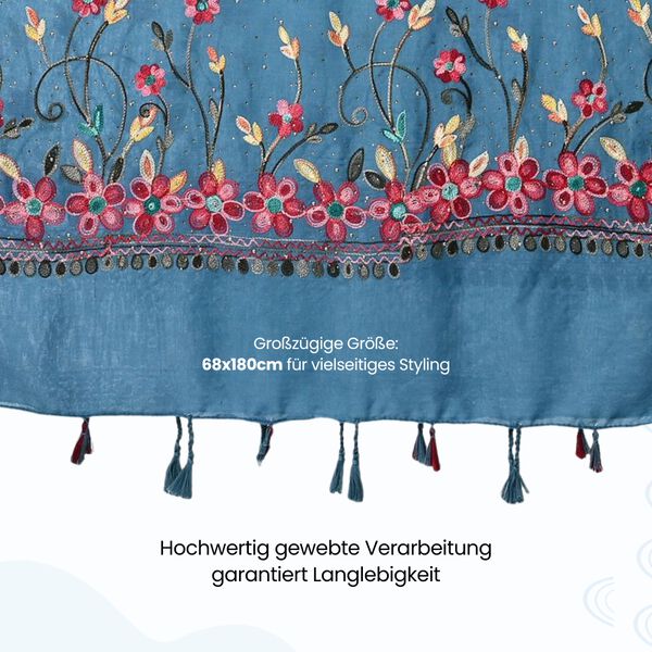 Leichter Sommer-Schal mit Diamantstickerei und Fransen, 68x180 cm, Türkisblau image number 4