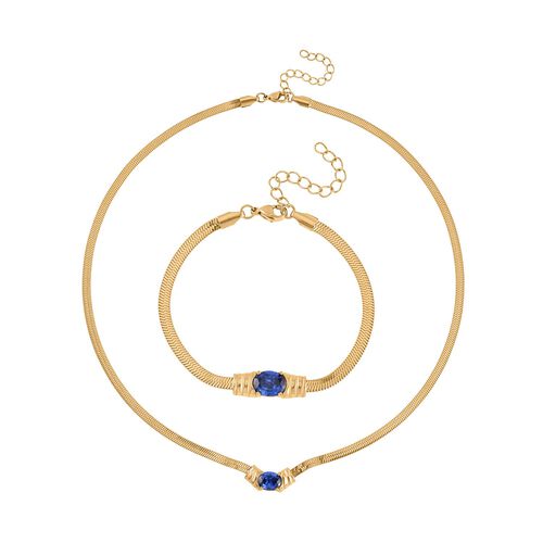 2-teiliges Schmuckset, Halskette und Armband mit  Blauer Kristallen, Edelstahl und goldfarben image number 0