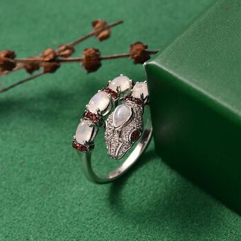 GP Trifono Kollektion- AAA Regenbogen Mondstein, Mosambik Granat, Zirkon und blauer Saphir Ring und 45cm Halskette