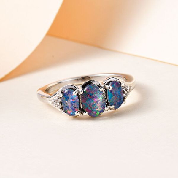 Boulder Opal Triplett und Trilogie-Zirkon Ring, 925 Silber platiniert, 1,53 ct. image number 1
