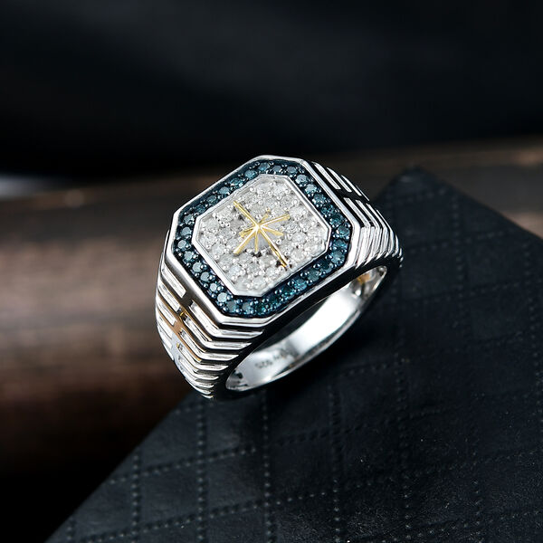 D'Joy blauer und wei&szlig;er Diamant zweifarbiger Herrenring - 0,47 ct. image number 2