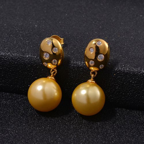 Goldene Muschelkernperle, Moissanit Ohrringe 925 Silber 750 Gelbgold Vermeil image number 0
