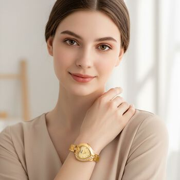 GENOA TIME - Herz-Armbanduhr Legierung, nickelfreies Messing, goldfarben, mit wei&szlig;en Kristallen, Zifferblatt Gold-Sunshine, 3 ATM wasserdicht