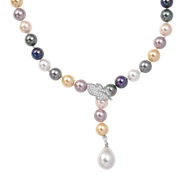 Mehrfarbige 10mm Muschelkernperle und wei&szlig;e Zirkonia 60cm Halskette