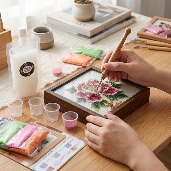 "Golden Lottery Painting              storage box- Peony flower Product size: 23 * 15.3 * 6CM Packaging: 1 piece/white box Function: Storage box, colored sand, water-based eco-friendly adhesive, plastic cup, oil painting scraper" image number 1