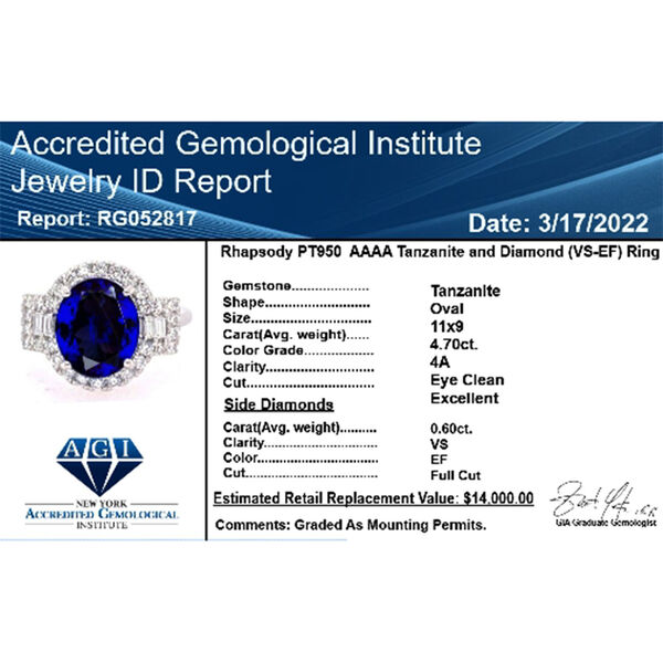 RHAPSODY zertifiziert und geprüft AAAA Tansanit und VS-EF Diamant Ring in 950 Platin - 5,29 ct. image number 5