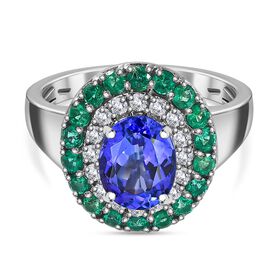 AAAA Tansanit, Diamant und kolumbianischer Smaragd-Ring in 950 Platin - 3,29 ct.