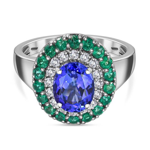 AAAA Tansanit, Diamant und kolumbianischer Smaragd-Ring in 950 Platin - 3,29 ct. image number 0