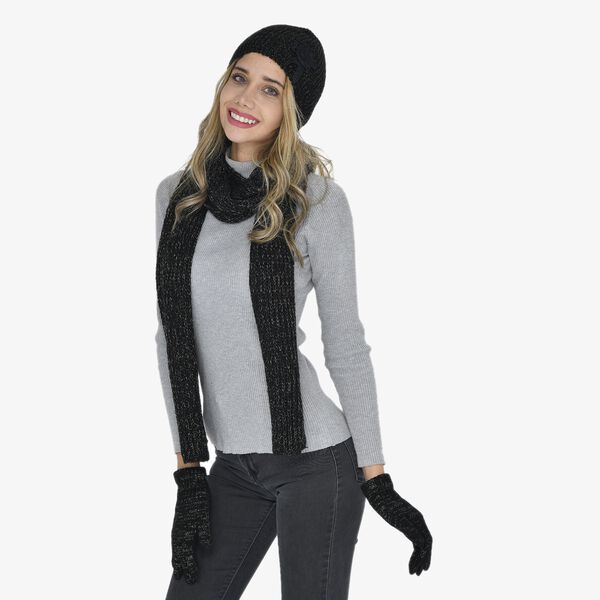 3er-Set, Strickkollektion - M&uuml;tze 21,5x15 cm, Schal 28x198 cm und Handschuhe 21x6 cm, Schwarz image number 2