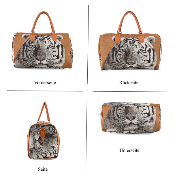 "Life style Color:brown with tiger print /Profile:Duffel bag wall(exterior):Polyester    Lining(interior): polyester; Pockets(exterior):Zipped-1 Pockets(interior):none Measurement:45*23*27cm           " image number 5