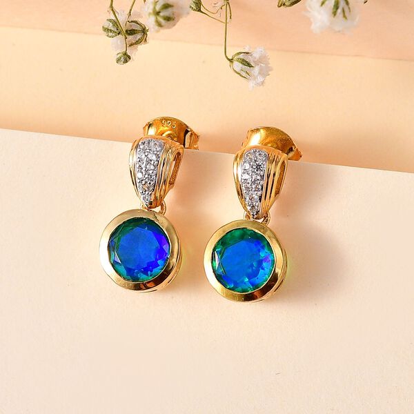 Pfau Quarz Triplette, Wei&szlig;er Zirkon Ohrringe 925 Silber 750 Gelbgold Vermeil ca. 2,89 ct. image number 2