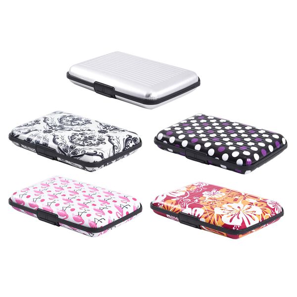 5er-Set RFID-blockierender Kartenhalter; mit Polka-Dot-Muster, Blumenmuster, Flamingo-Muster, Damast-Muster und grau, Aluminium image number 3