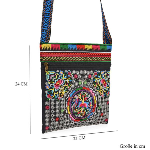 Blumen Stickerei Umhängetasche, verstellbarer Riemen, 23 x 24 cm, Schwarz image number 8