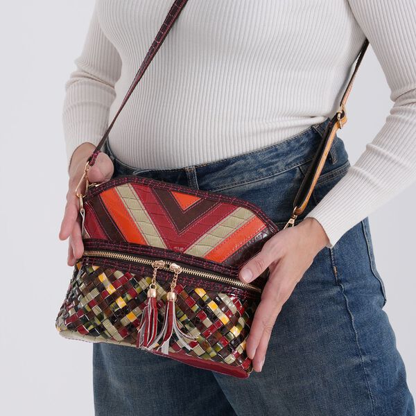 CHAOS BY ELSIE Leder Crossbody Tasche mit RFID Schutz und Rei&szlig;verschlussf&auml;chern 25.5 x 10 x 22 cm Multicolor Rautenmuster image number 3