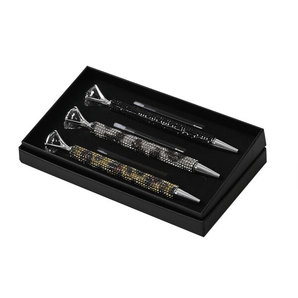 Kugelschreiber-Set, 3er-Pack, Schwarz, Leoparden-Design, Strass und Kristall, inkl. Ersatzminen image number 7