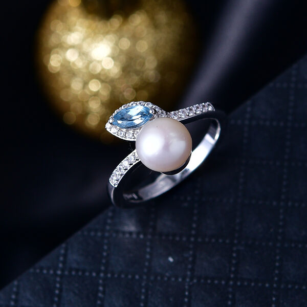 EverTrue S&uuml;&szlig;wasser Perle, himmelblauer Topas und Zirkon Ring image number 1