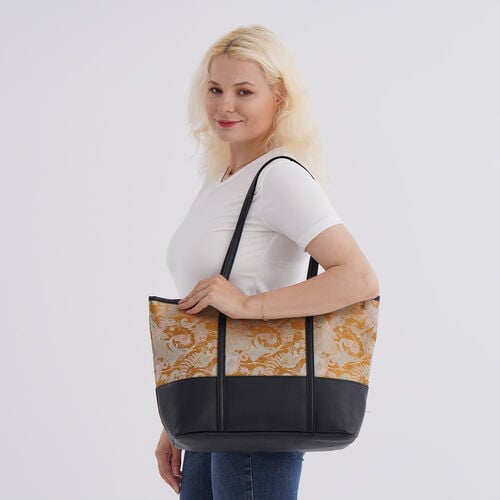 Libellenmuster-Tote-Bag, große Kapazität, mit Reißverschluss und Innentasche, 48x29x14 cm, Polyester mit PU-Leder, Gelb image number 1