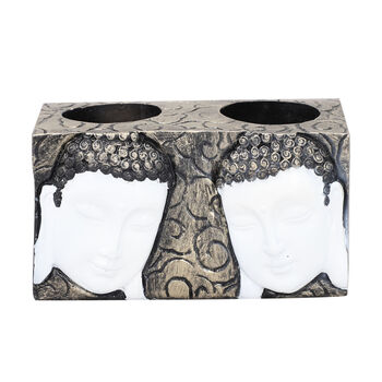 Kerzenleuchter Buddha-Figur mit 2 K&ouml;pfen, Gr&ouml;&szlig;e 12,5x7x7 cm, Wei&szlig;, Schwarz und Gold