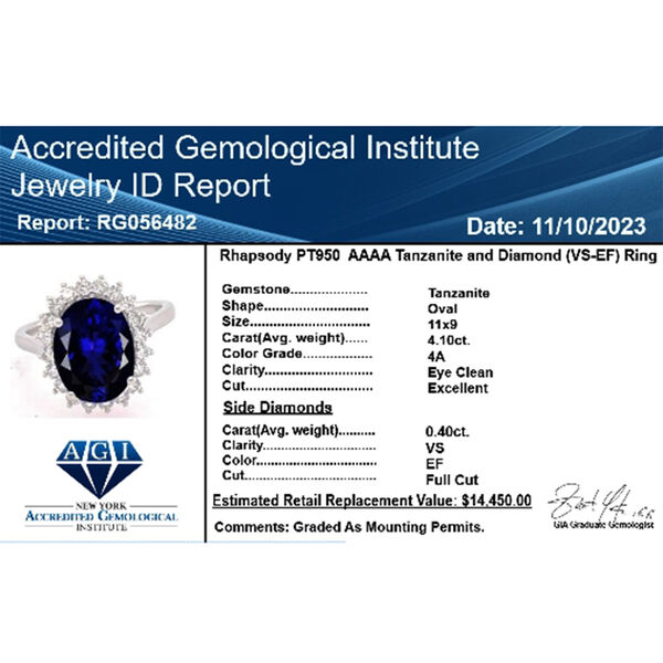 RHAPSODY zertifiziert und gepr&uuml;ft AAAA Tansanit und VS-EF Diamant Ring in 950 Platin - 4,50 ct. image number 10