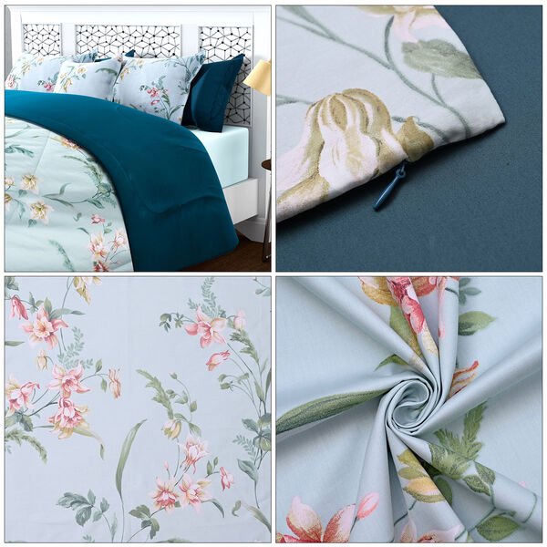 SERENITY NIGHT: 3er-Set - Seidensteppdecke und 2 Kissenbez&uuml;ge, Blumenmuster, Blau&nbsp; image number 5