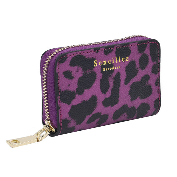 SENCILLEZ Geldbörse aus 100% echtem Leder und RFID Schutz, Leopardenmuster, Größe 12x2x8 cm, Schwarz und Lila image number 2