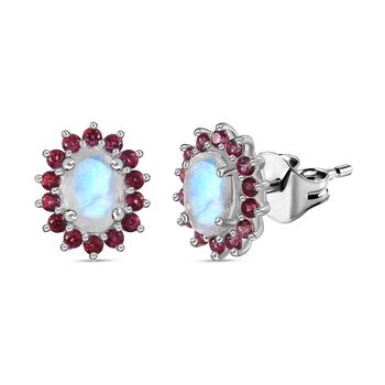 AA Regenbogen Mondstein, Signity leuchtend Rot Topas Ohrringe 925 Silber platiniert ca. 2,17 ct.