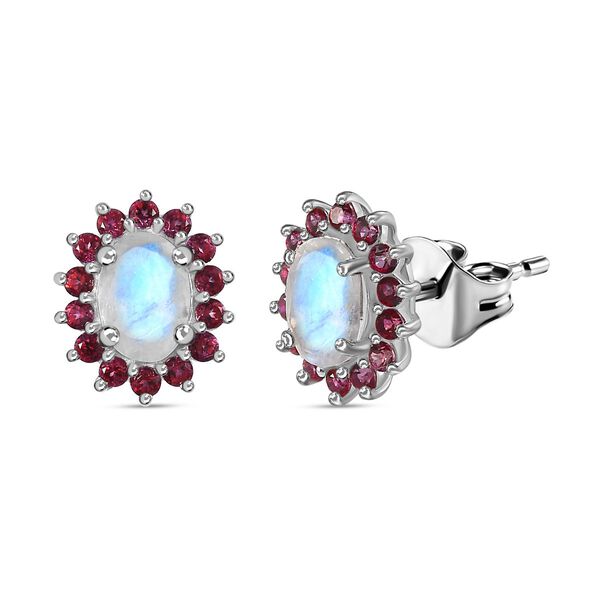 AA Regenbogen Mondstein und Signity leuchtend rote Topas-Ohrringe - 2,17 ct. image number 0