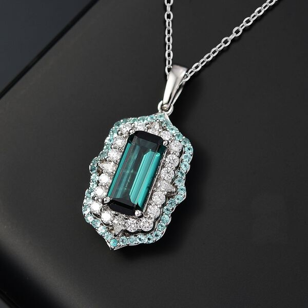 RHAPSODY zertifiziert und gepr&uuml;ft AAAA Indigolith, Paraiba Turmalin und VS-EF Diamant Anh&auml;nger mit 45cm Kette in 950 Platin - 3,46  ct. image number 1