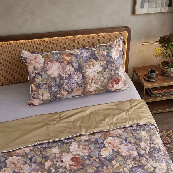 "AB side Silk quilt with cooling fabric fabric:85% nylon+15%spandex A side: print, B side match solid color Filling:100g silk+200g polyester,around 110gsm,33% silk+77% polyester Packing:gift box with PVC cover", "AB side cooling pillowcase with piping wit image number 2