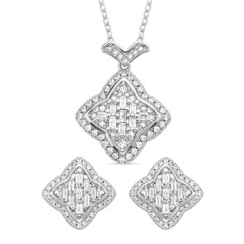 2er Set, Wei&szlig;e Zirkonia Halskette und Ohrringe, Messing, silberfarben