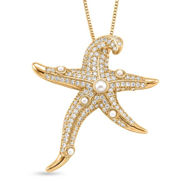 Wei&szlig;er Zirkonia, Wei&szlig;e Muschelkernperle Halskette ca. 52 cm Nickelfreies Messing