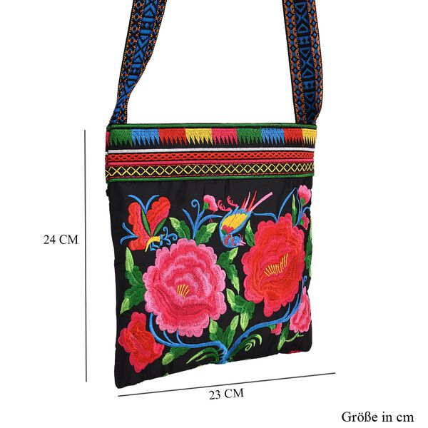 Crossbody-Tasche mit floraler Stickerei, ethnischem Boho-Muster, 23×24 cm, Schwarz-Bunt image number 7