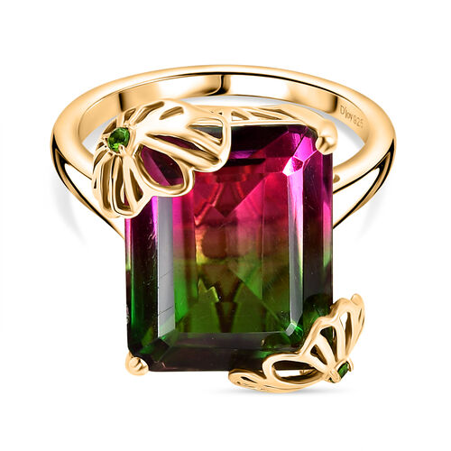 Lotus Ember - D joy Wassermelonen Quarz Triplette, Natürlicher Chromdiopsid Ring 925 Silber 750 Gelbgold Vermeil (Größe 16.00) ca. 11.58 ct image number 0