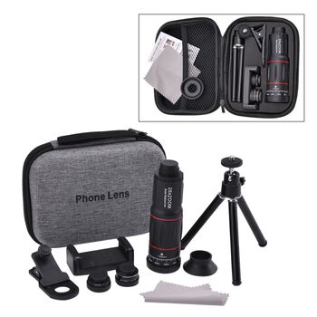 9er Set Handy-Kameraobjektiv-Kit : Teleskop 28X+ Weitwinkel 0,6X+ Makro 20X+ Fischaugenobjektiv 198 Grad