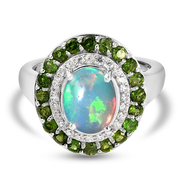 Nat&uuml;rlicher, &auml;thiopischer Opal und nat&uuml;rlicher Chromdiopsid Halo-Ring, 925 Silber platiniert  ca. 2,41 ct