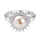 Pfirsich-Süßwasser Perle, Weißer Zirkon Ring 925 Silber rhodiniert (Größe 19.00)