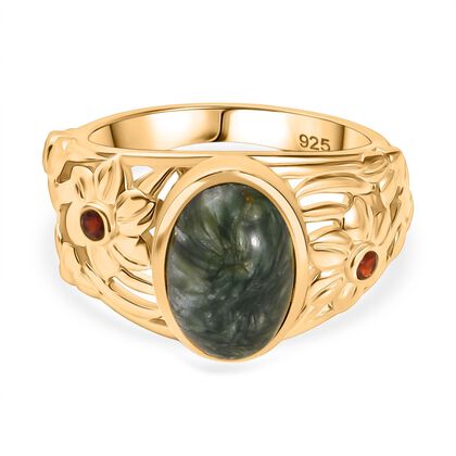 Viktorianische Bl&uuml;te - Sibirischer Seraphinite, Roter Granat Ring 925 Silber 750 Gelb Vergoldet (Gr&ouml;&szlig;e 19.00) ca. 3.14 ct