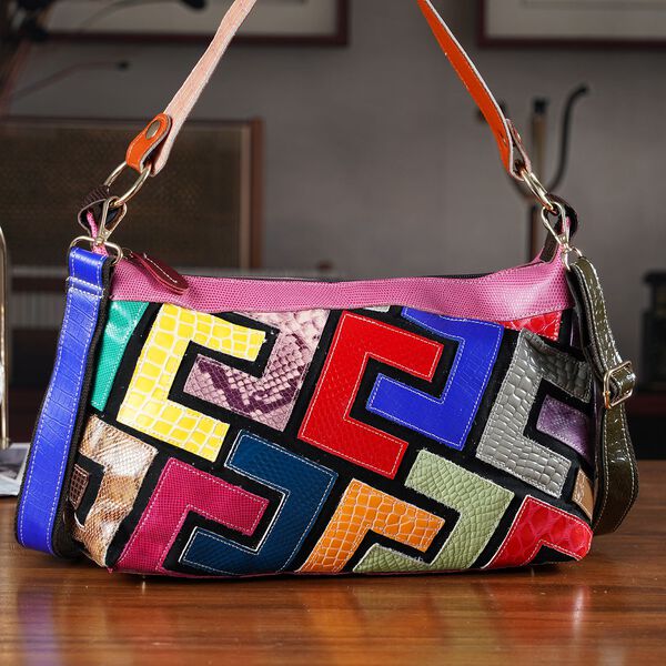 "Chaos by Elsie Genuine Leather Crossbody Bag with RFID Color:multicolor Embossed crocdile shining rhomboid pattern Size::32*12.5*22cm           Wall: Genuine Leather Lining: Polyester                Exterior:zipped-2, Interior:zipped-1 , slip-2  with 1 L image number 1